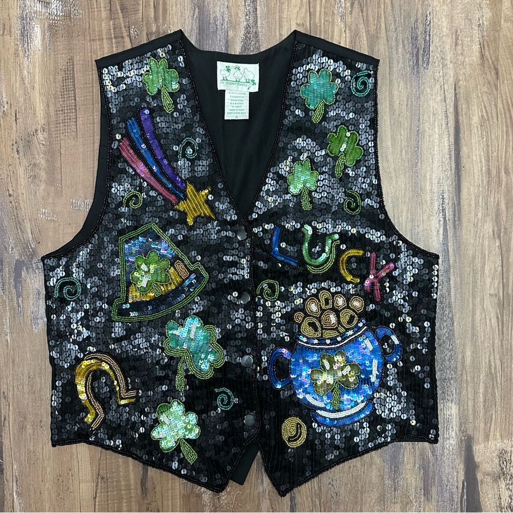 VTG Y2K Beaded Sequin St. Pattys Day St. Patrick’s Day Leprechaun Vest